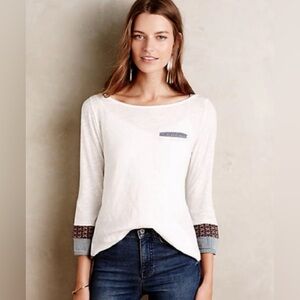 Little Yellow Button Anthropologie Boatneck Stripe Trim Shirt in White sz Small